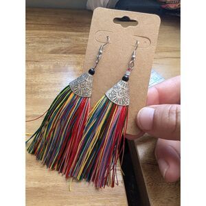 Multicolor Tassel Earrings Etched Silver Tone Dangle Western Indian (011)